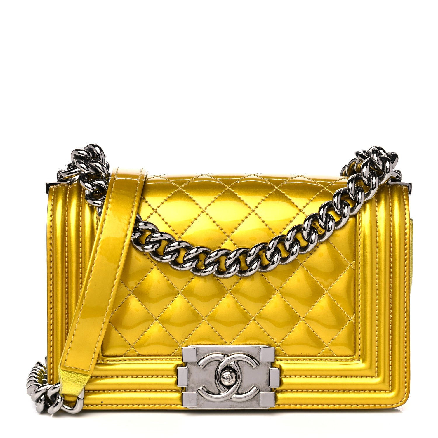 Chanel Metallic Patent Calfskin Quilted Small Boy Flap Yellow 1 of 11