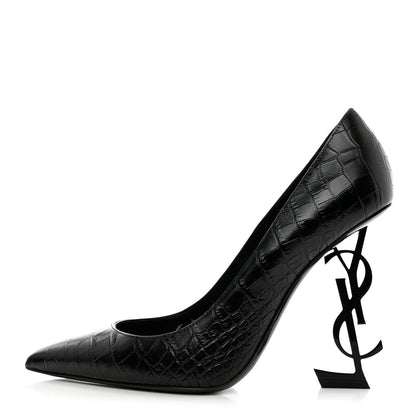 Saint Laurent Calfskin Crocodile Embossed Opyum 110 Pumps 38 Black 2 of 11