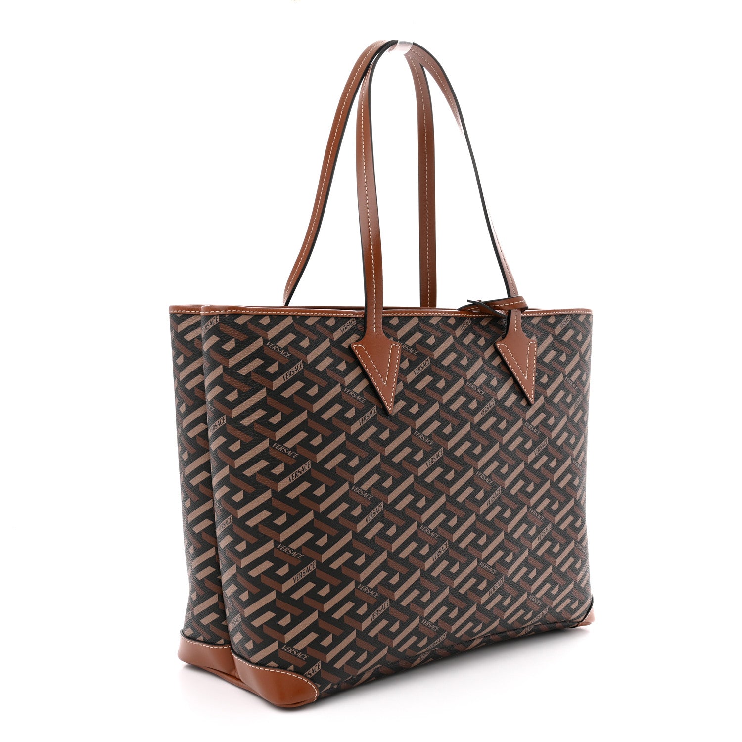 Versace Coated Canvas Calfskin La Greca Signature Shopper Tote Bag Black Caramel 4 of 10