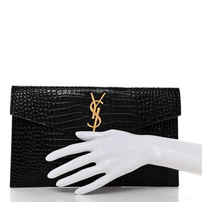 Saint Laurent Calfskin Crocodile Embossed Uptown Monogram Pouch Black 2 of 7