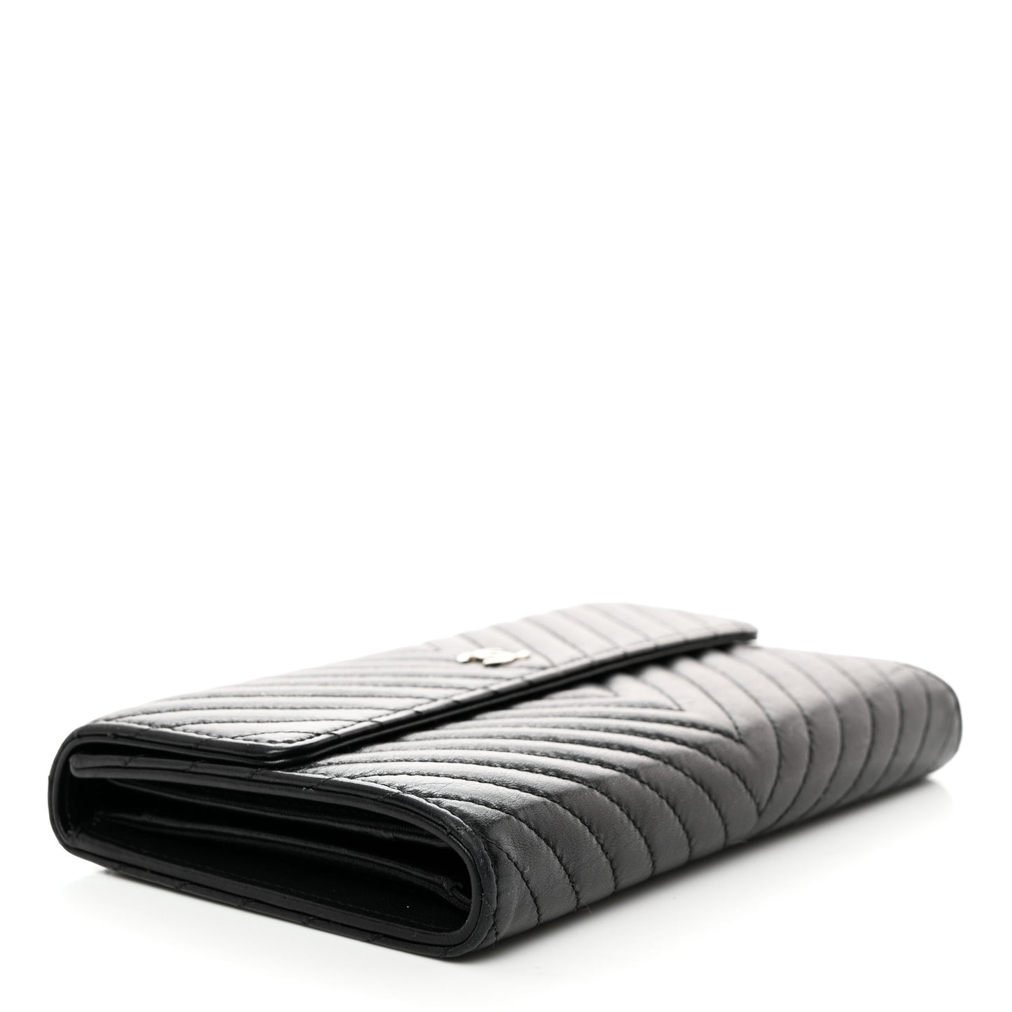 Lambskin Chevron Quilted Large Flap Clutch Wallet Black