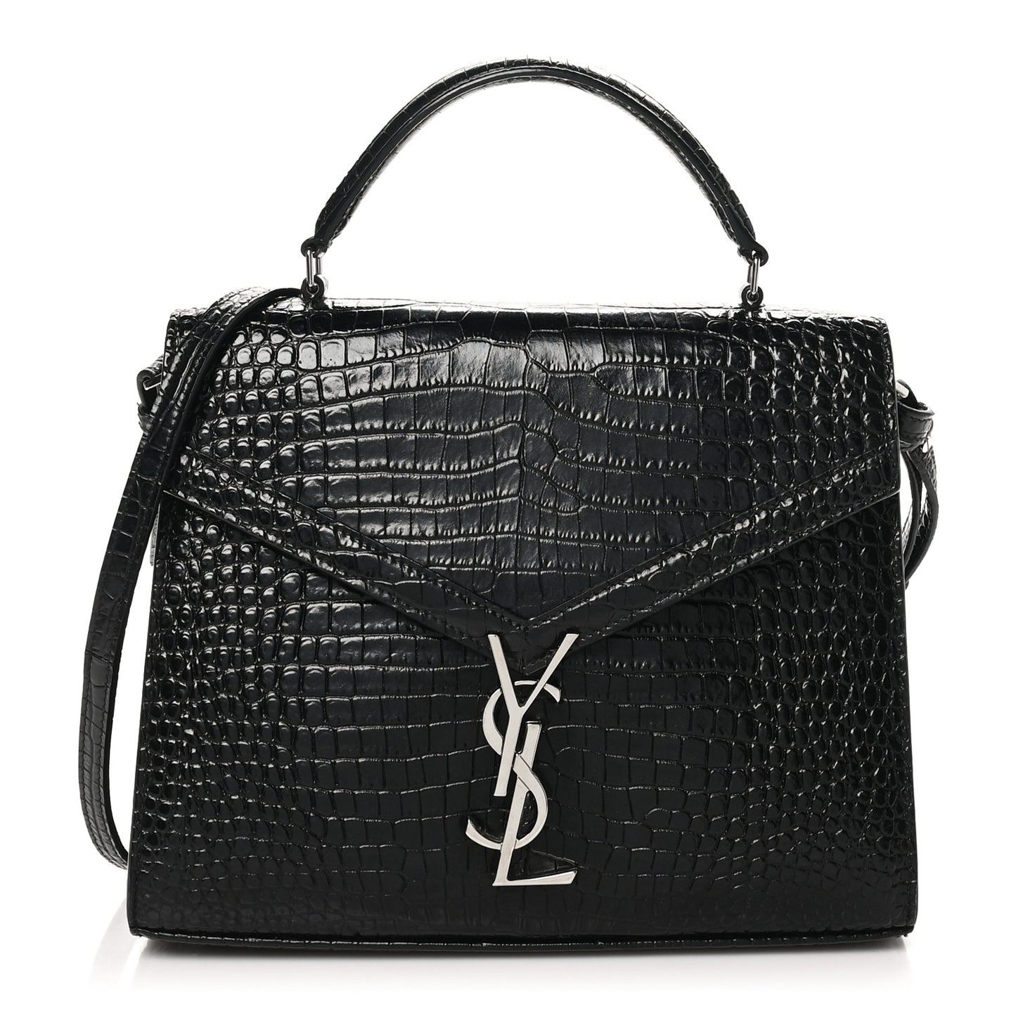 Calfskin Crocodile Embossed Medium Classic Monogram Cassandra Top Handle Black Rouge Legion