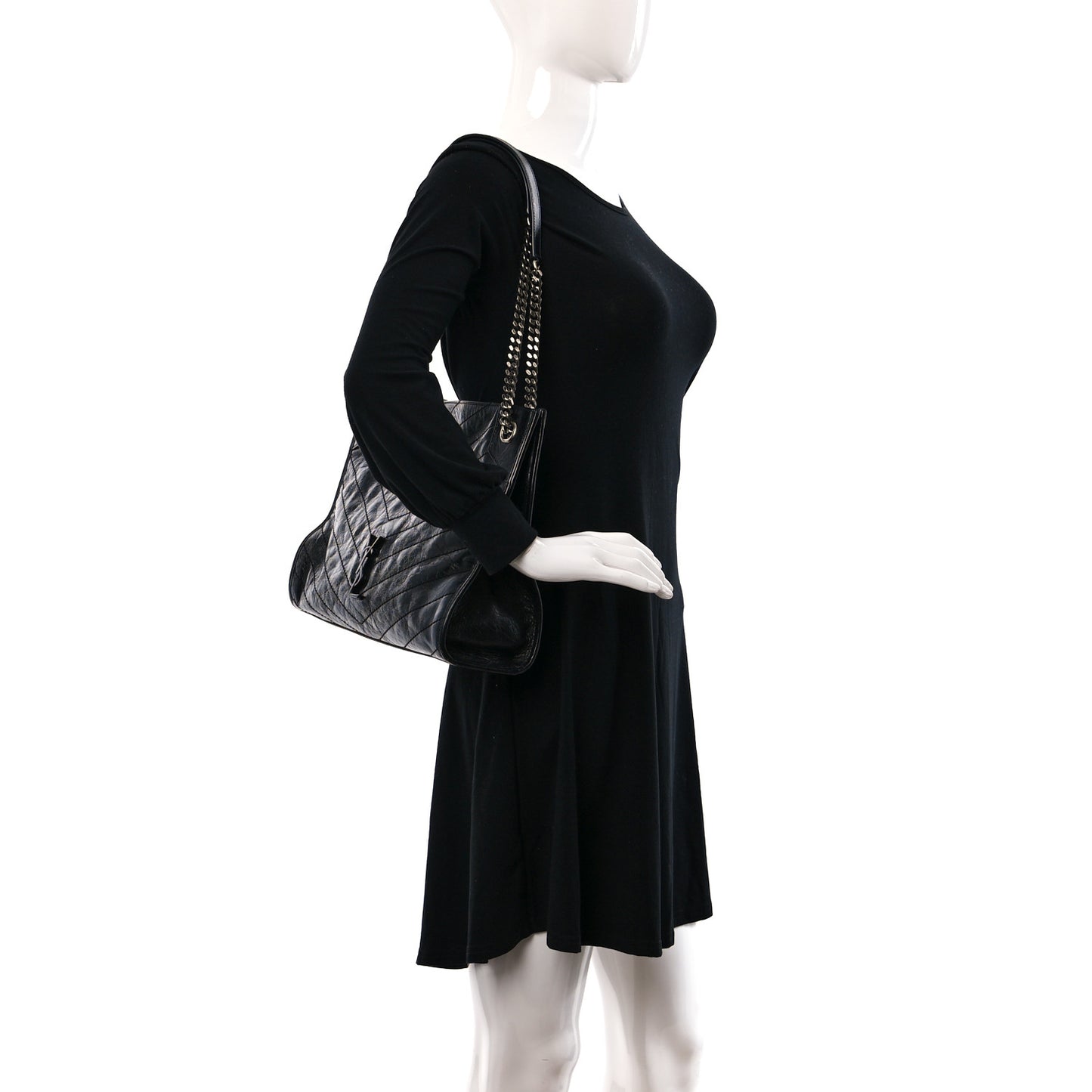 Crinkled Calfskin Matelasse Monogram Medium Niki Shopper Tote Black
