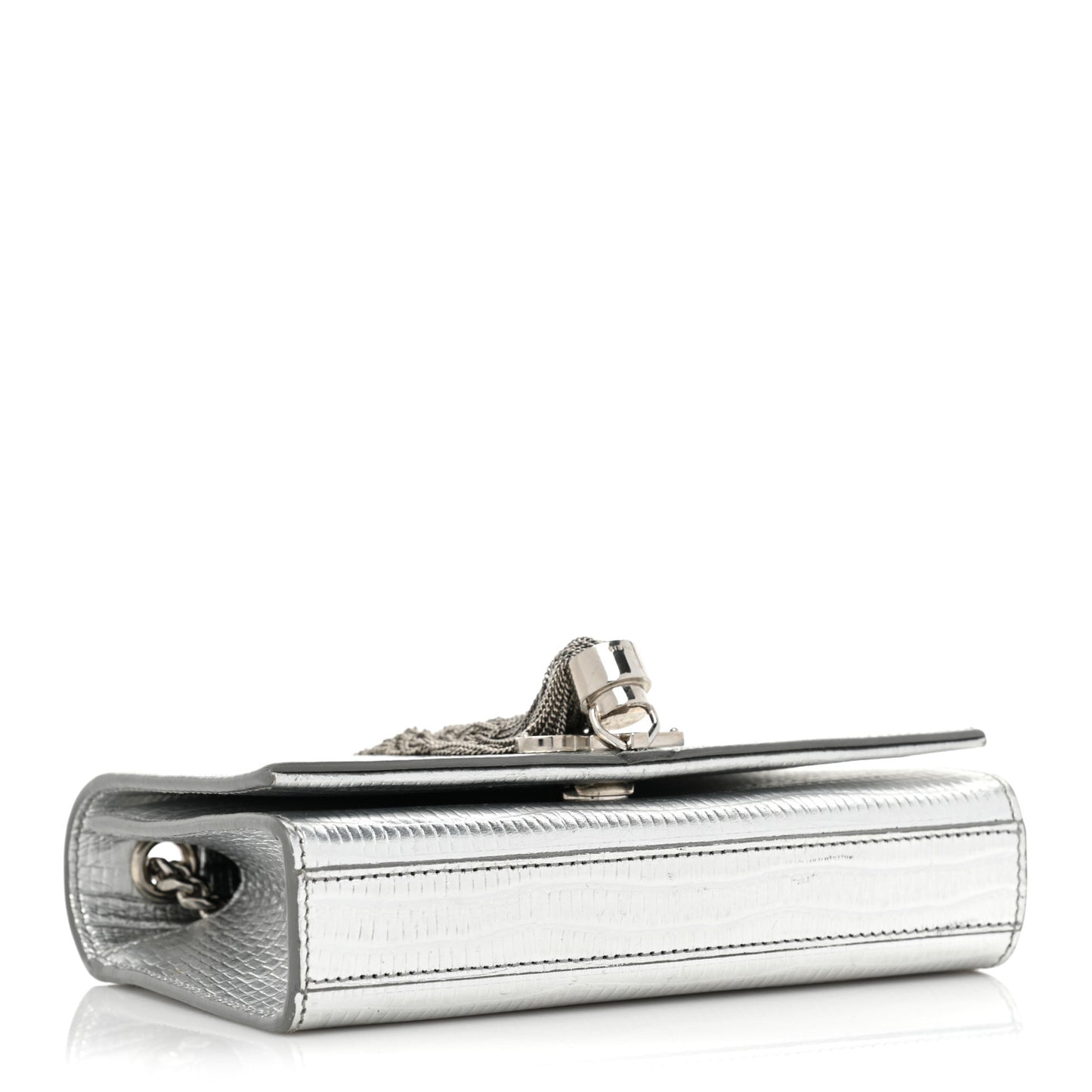 Metallic Calfskin Lizard Embossed Small Classic Monogram Kate Tassel Satchel Silver