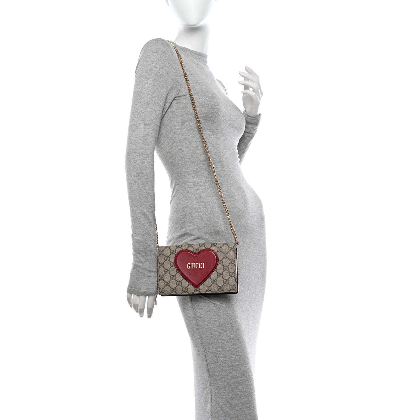 GG Supreme Monogram Script Logo Heart Wallet on Chain Beige Brown