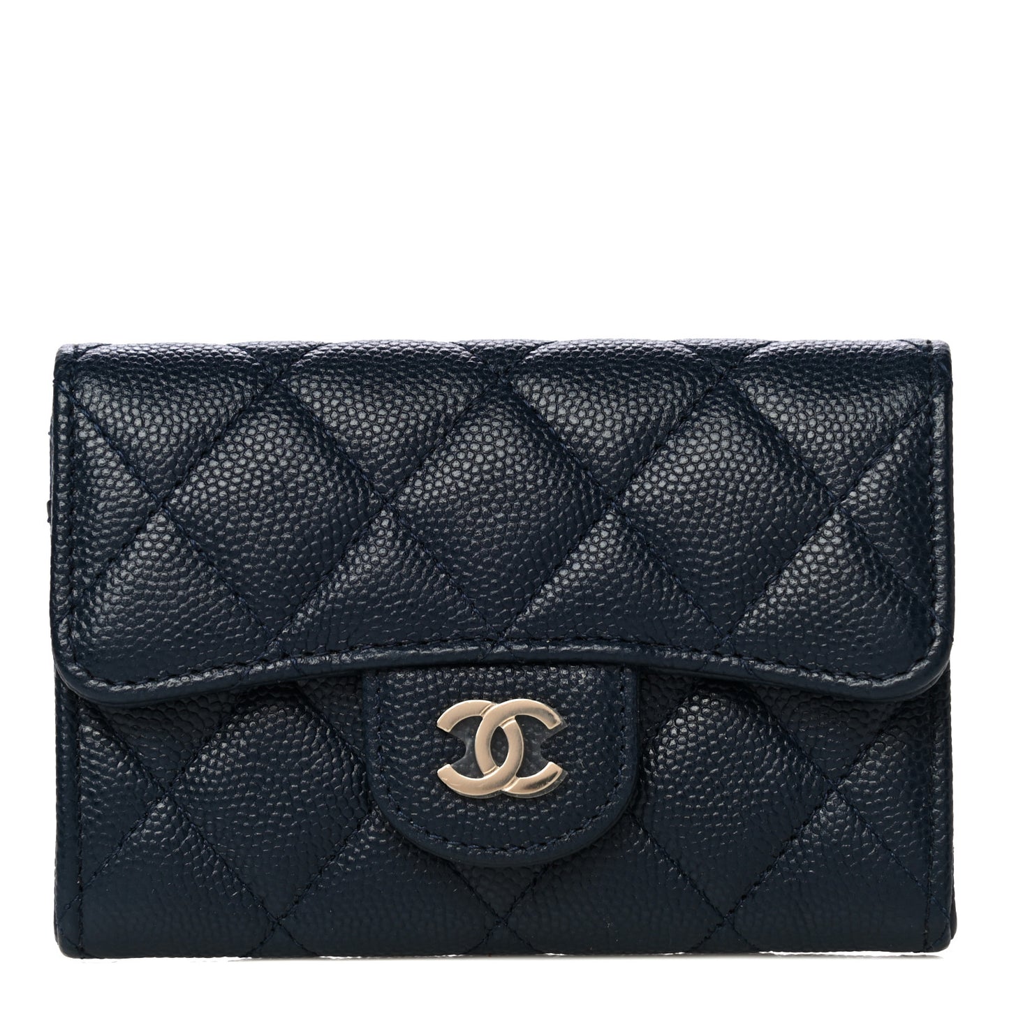 Caviar Quilted Flap Card Holder Wallet Navy Blue
