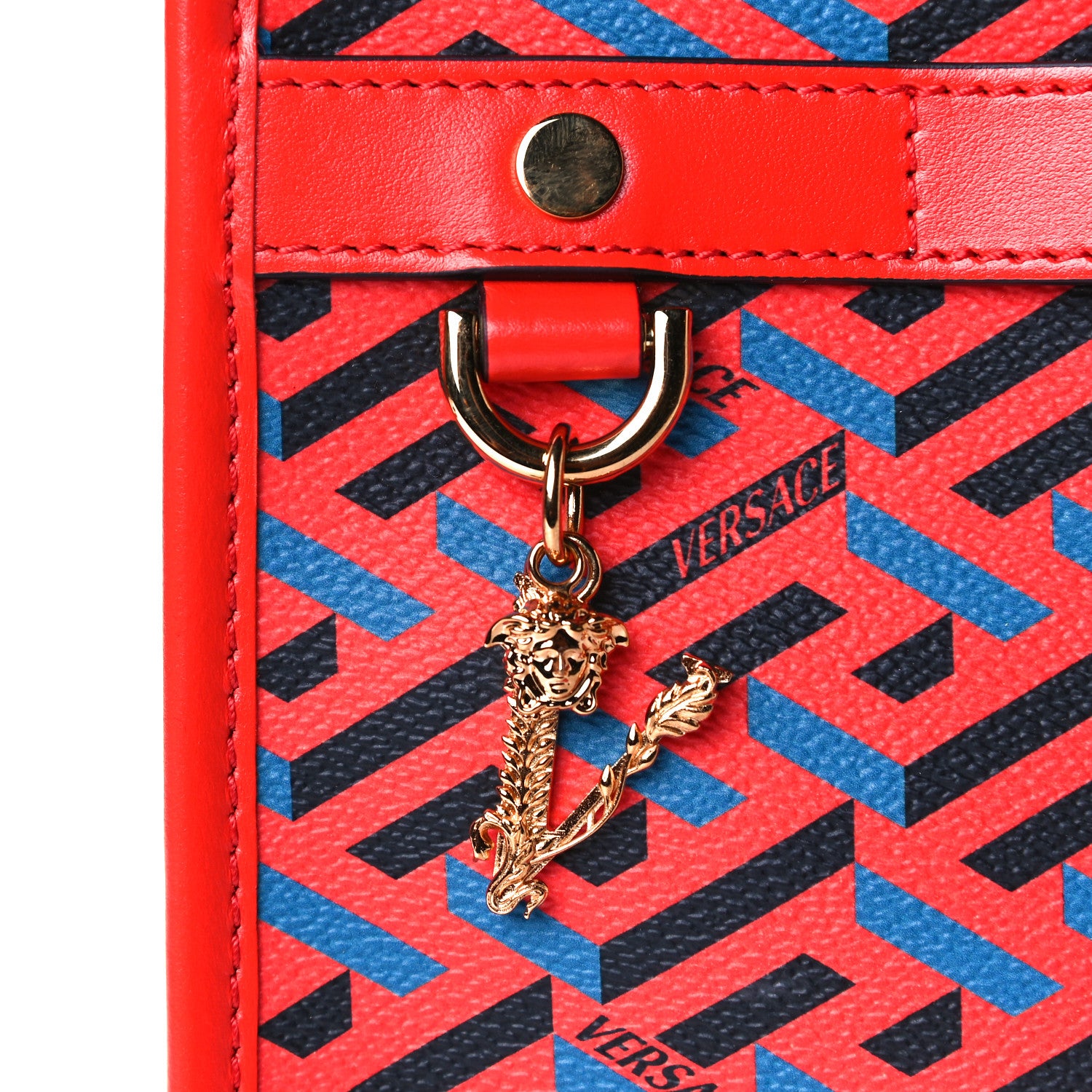 Versace Coated Canvas Calfskin La Greca Signature Tote Bag Blue Red 9 of 9