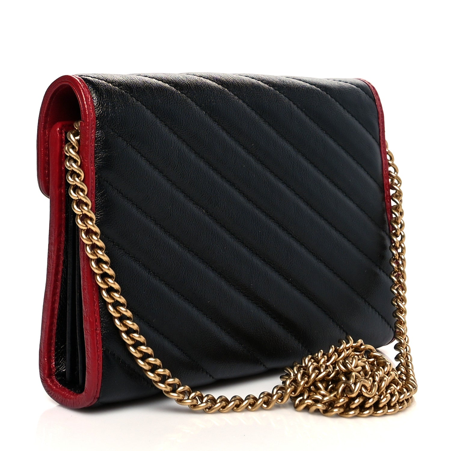 Gucci Vintage Effect Calfskin Matelasse Diagonal Torchon GG Marmont Chain Wallet Black Romantic Cherry 3 of 9