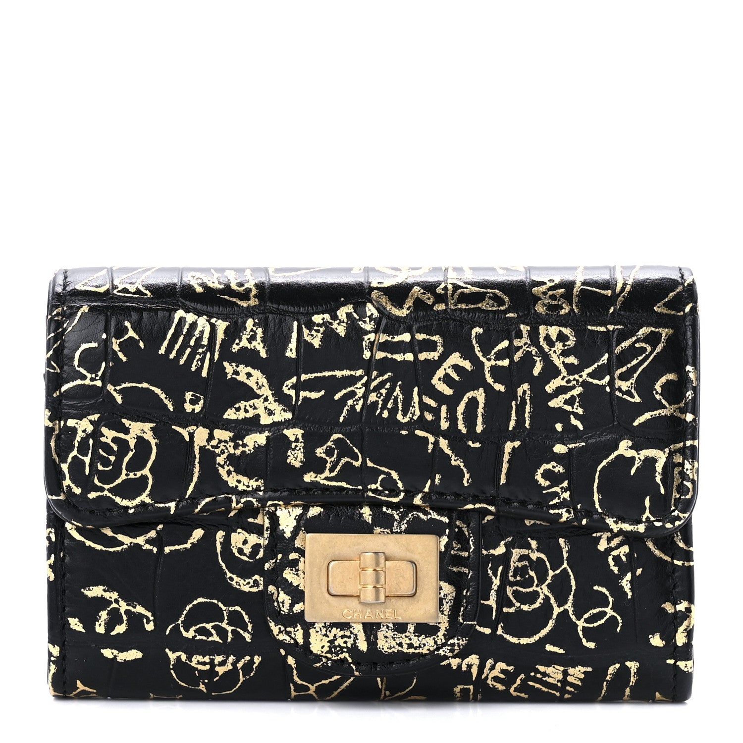 Chanel Calfskin Crocodile Embossed Graffiti 2.55 Cocodile Reissue Flap Card Holder Black Gold 1 of 12
