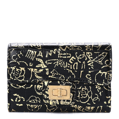 Chanel Calfskin Crocodile Embossed Graffiti 2.55 Cocodile Reissue Flap Card Holder Black Gold 1 of 12