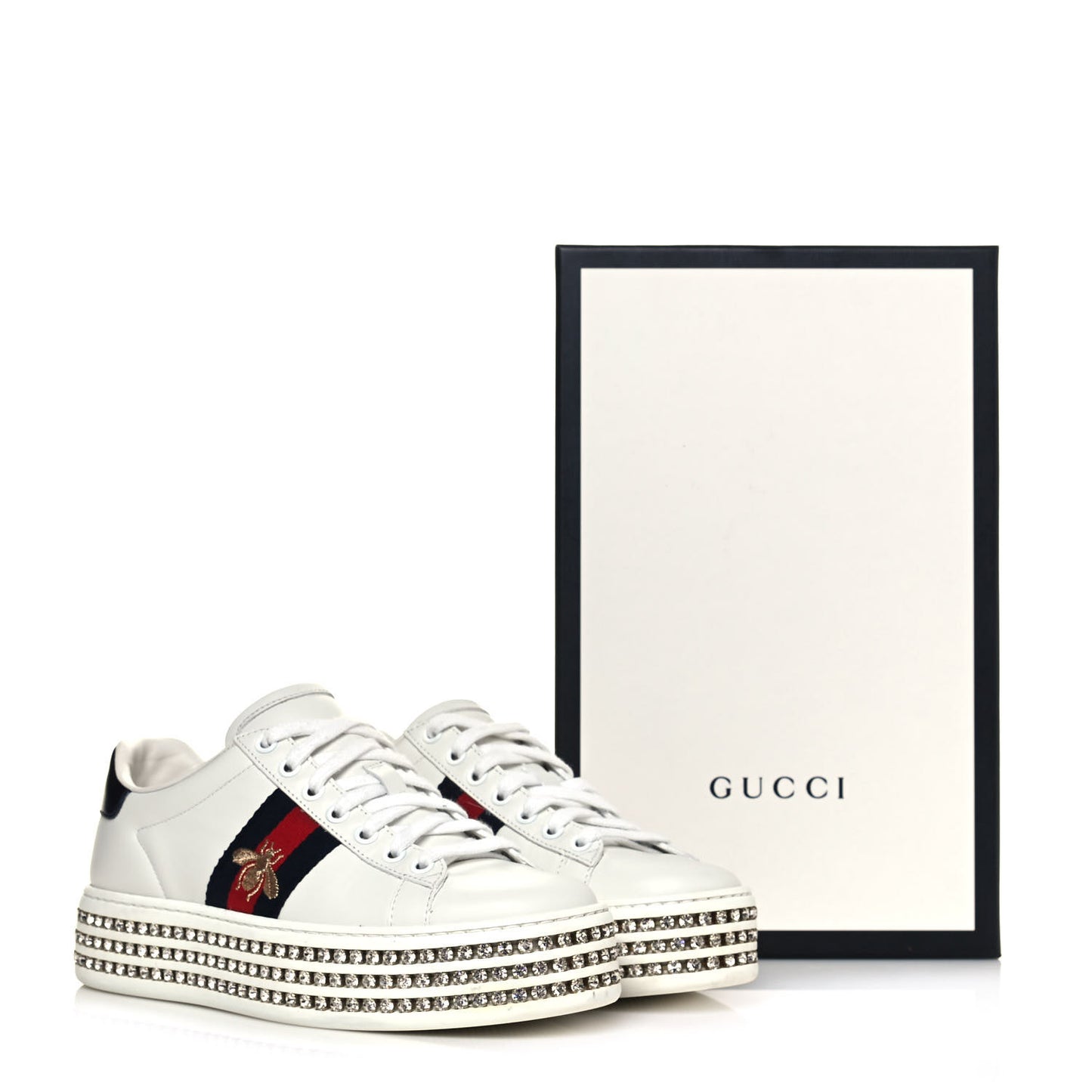 Calfskin Crystal Web Bee Embroidered Womens Ace Platform Sneakers 36 White