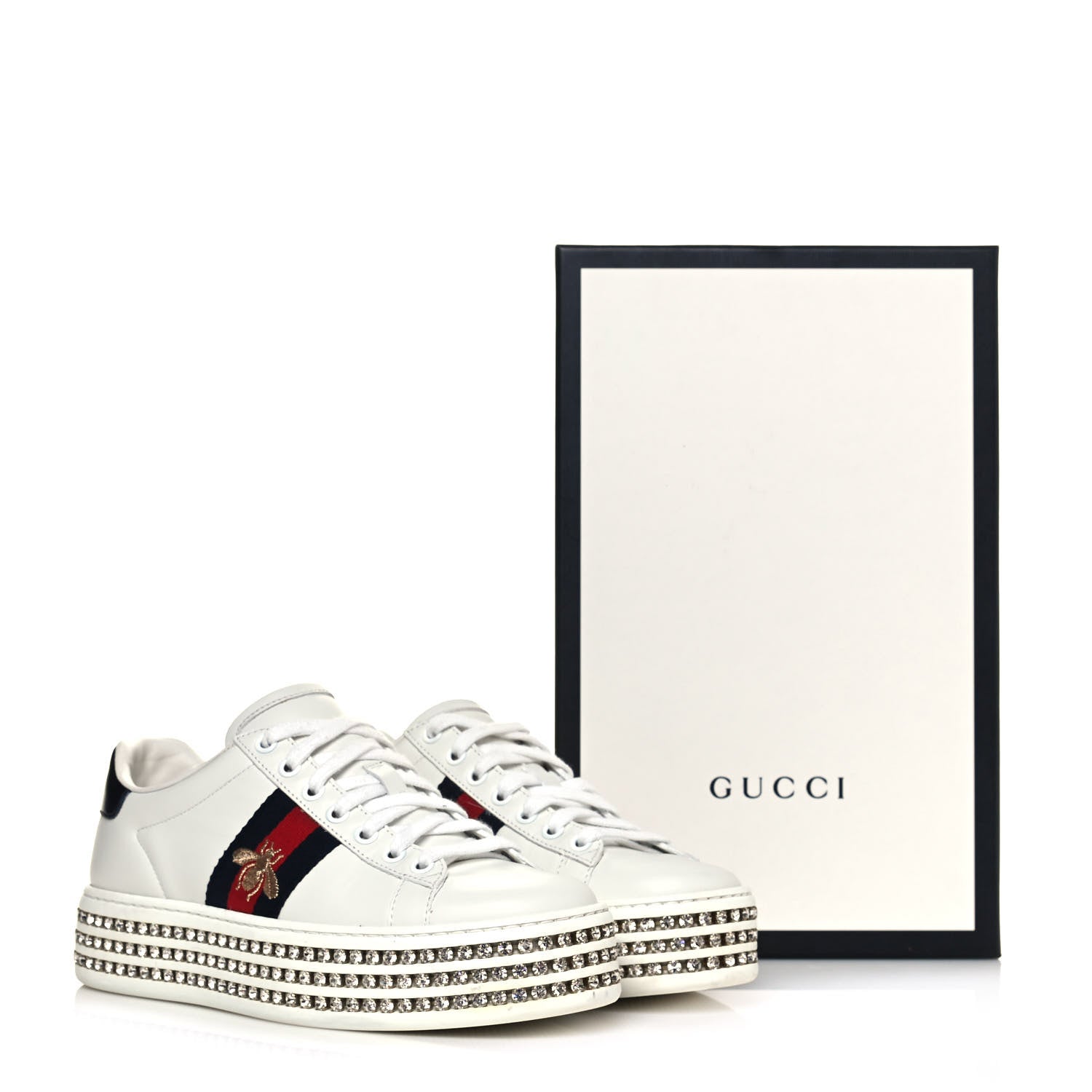 Gucci Calfskin Crystal Web Bee Embroidered Womens Ace Platform Sneakers 36 White 8 of 8