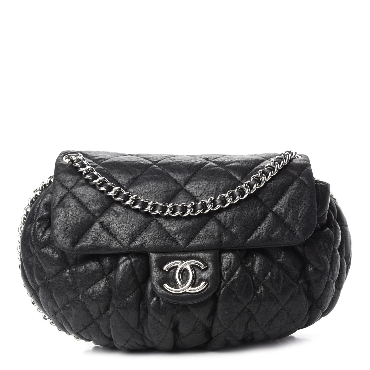 Washed Lambskin Quilted Medium Chain Around Messenger Black