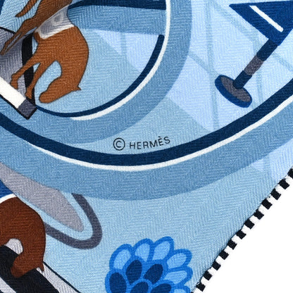 Hermes Cashmere Silk Horse Club Shawl 140 Marine Jaune 3 of 4