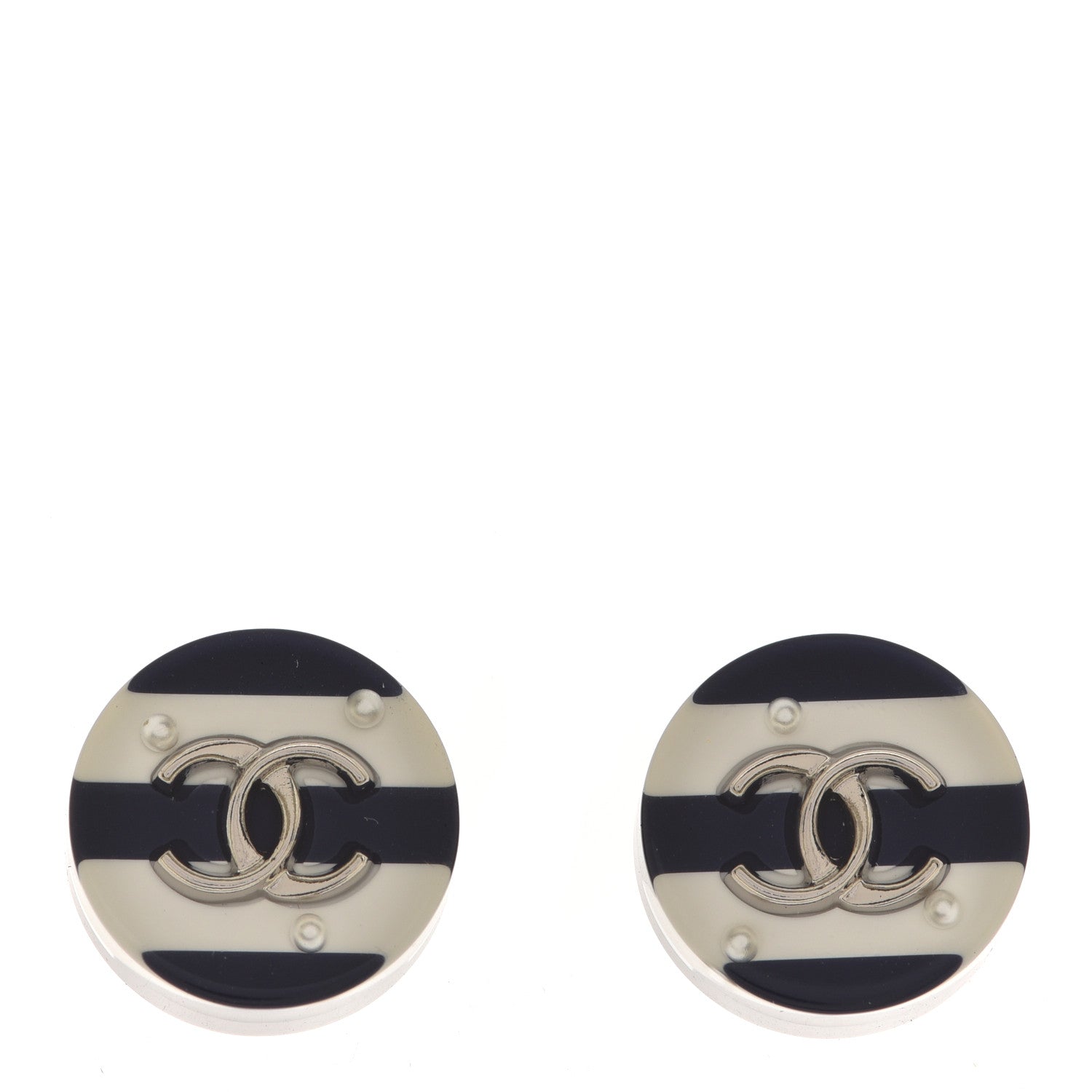 Chanel Resin Crystal Striped CC Earrings Black White 1 of 4