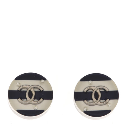 Chanel Resin Crystal Striped CC Earrings Black White 1 of 4