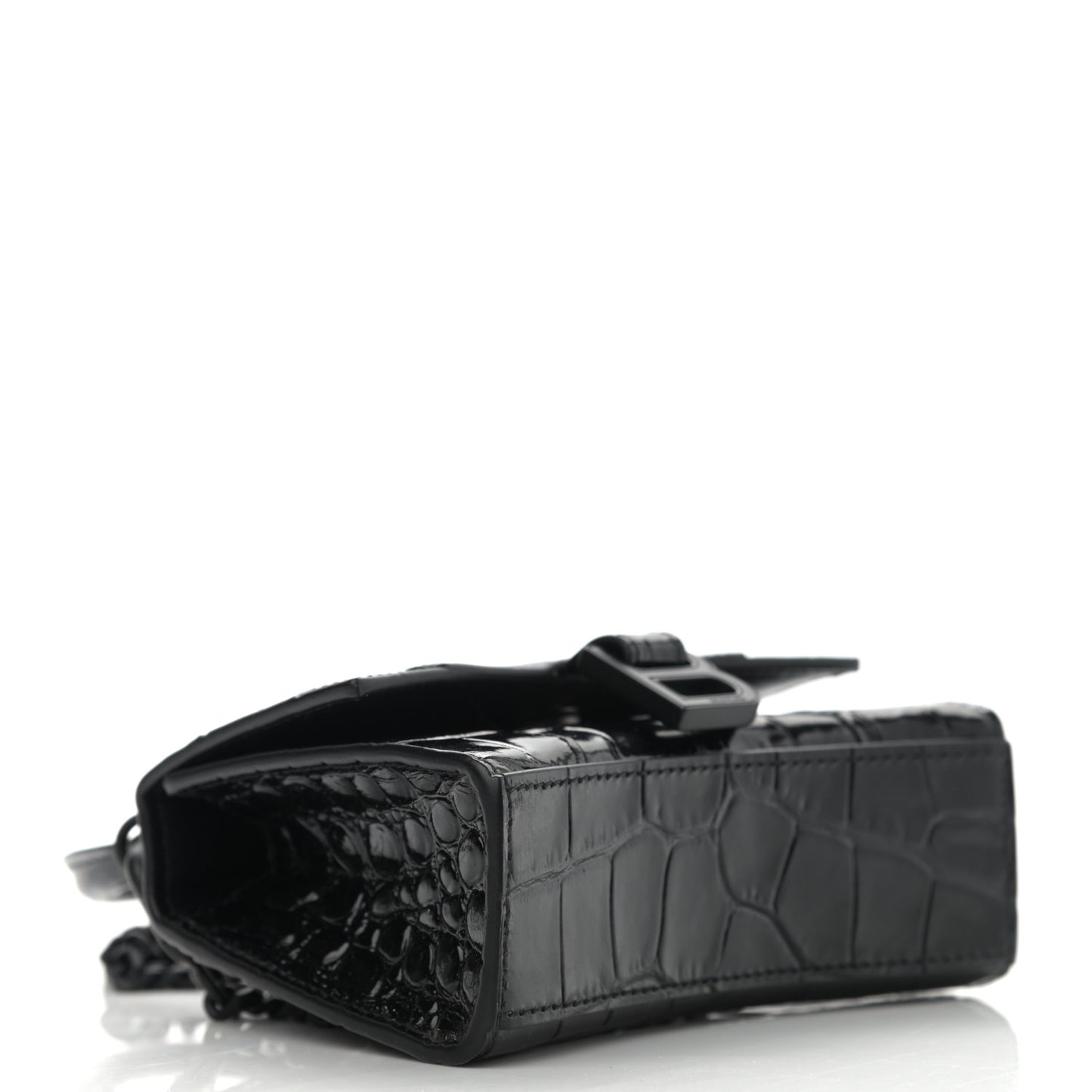 Shiny Calfskin Monochrome Crocodile Embossed Hourglass Top Handle Bag Mini with Chain Black