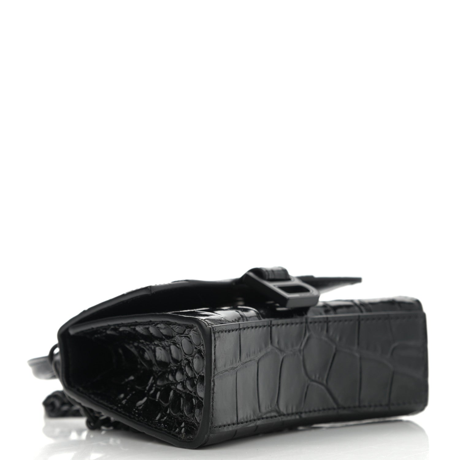 Balenciaga Shiny Calfskin Monochrome Crocodile Embossed Hourglass Top Handle Bag Mini with Chain Black 4 of 10