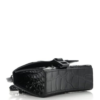 Balenciaga Shiny Calfskin Monochrome Crocodile Embossed Hourglass Top Handle Bag Mini with Chain Black 4 of 10