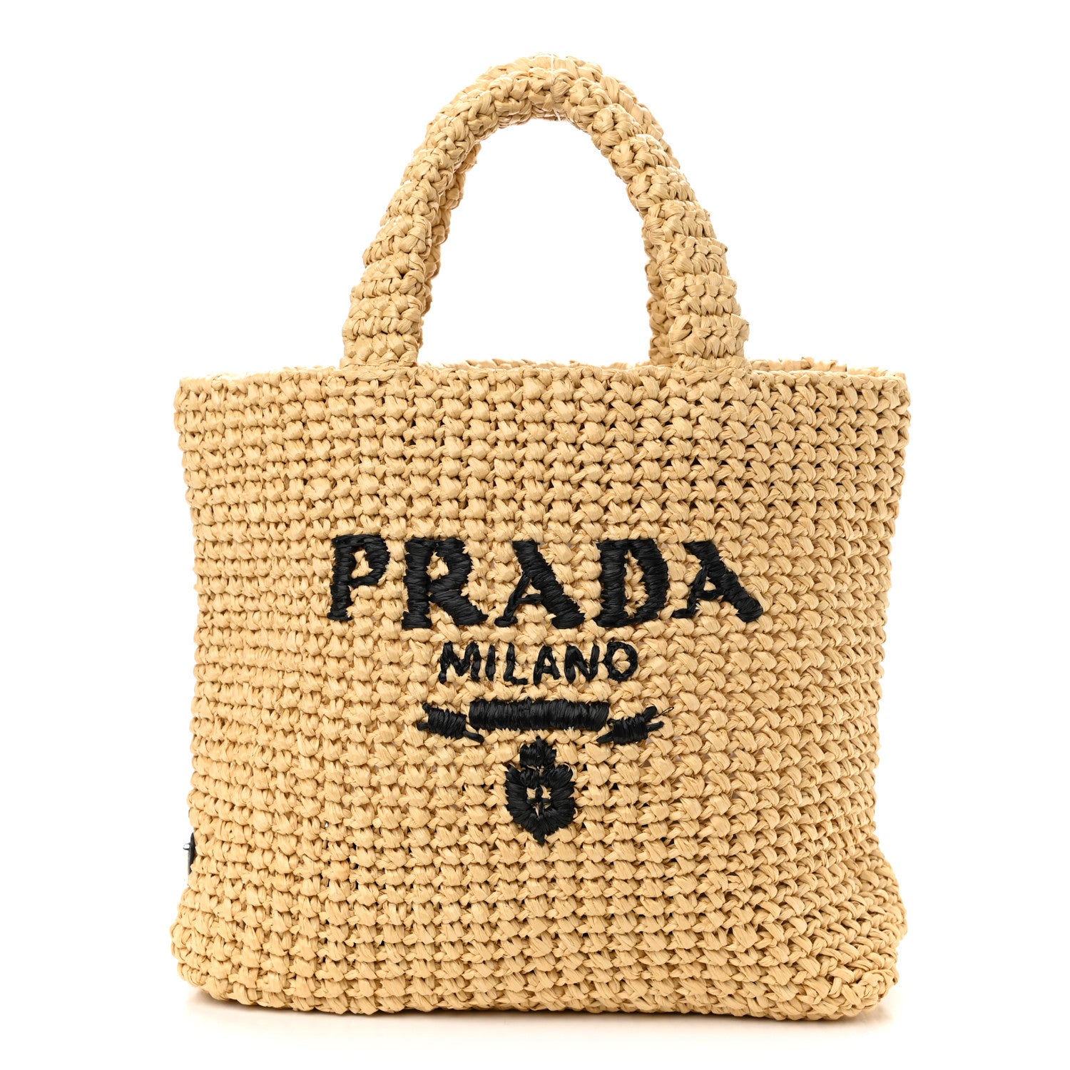 Prada Yarn Raffia Effect Crochet Embroidered Small Logo Tote Naturale 1 of 9