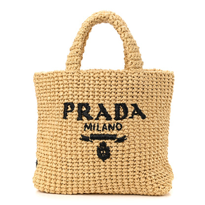Prada Yarn Raffia Effect Crochet Embroidered Small Logo Tote Naturale 1 of 9