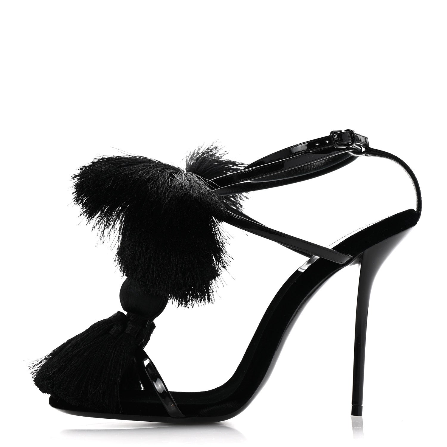 Saint Laurent Vernice Chiffon Tassel Embellished Pierre Pon Pon 110 Sandals 38.5 Black 1 of 9