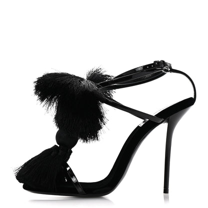 Saint Laurent Vernice Chiffon Tassel Embellished Pierre Pon Pon 110 Sandals 38.5 Black 1 of 9