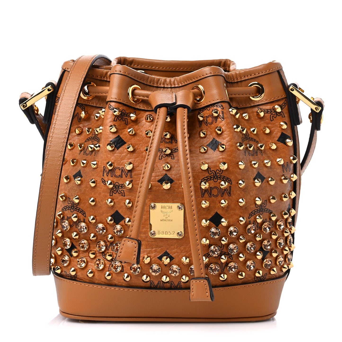 Visetos Swarovski Crystal Studded Mini Drawstring Bucket Bag Cognac