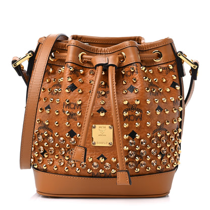 MCM Visetos Swarovski Crystal Studded Mini Drawstring Bucket Bag Cognac 1 of 11
