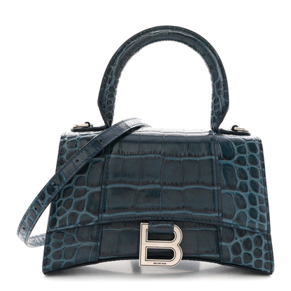 Balenciaga Shiny Calfskin Crocodile Embossed Hourglass Top Handle Bag XS Denim Blue 1 of 12