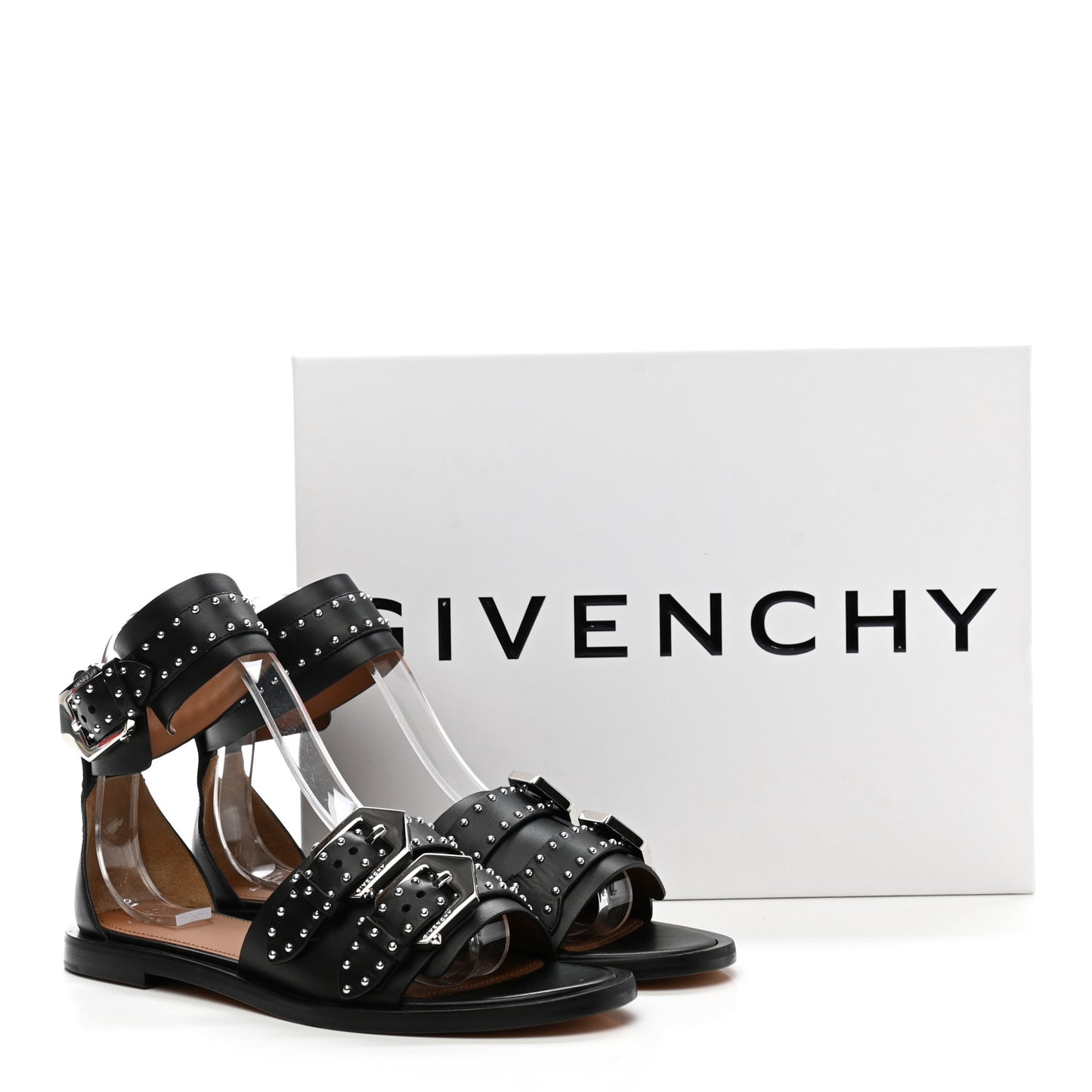 Calfskin Studded Elegant Flat Sandals 37 Black