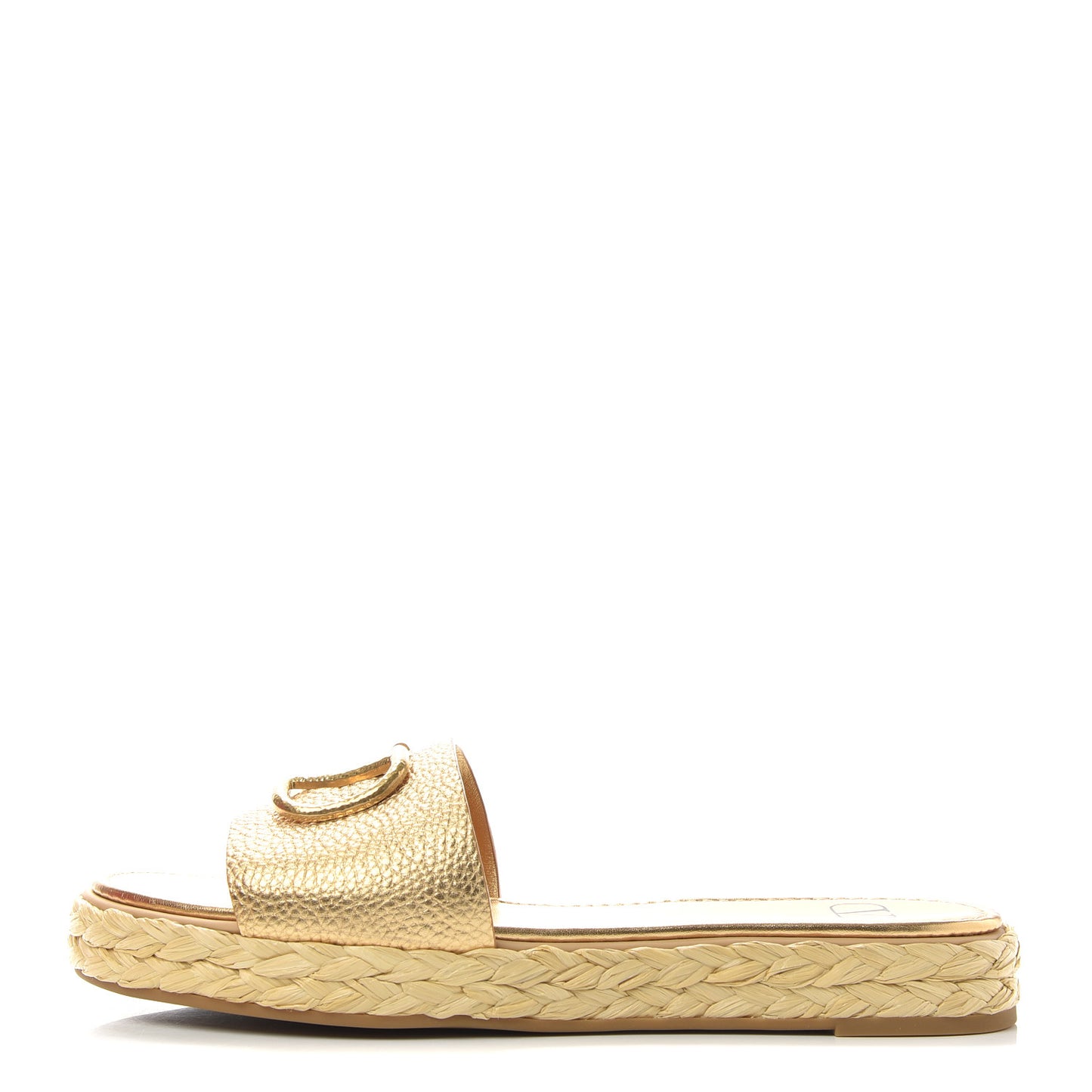 Metallic Pebbled Calfskin Vlogo Espadrille 5mm Flat Slide Sandals 41 Antique Brass