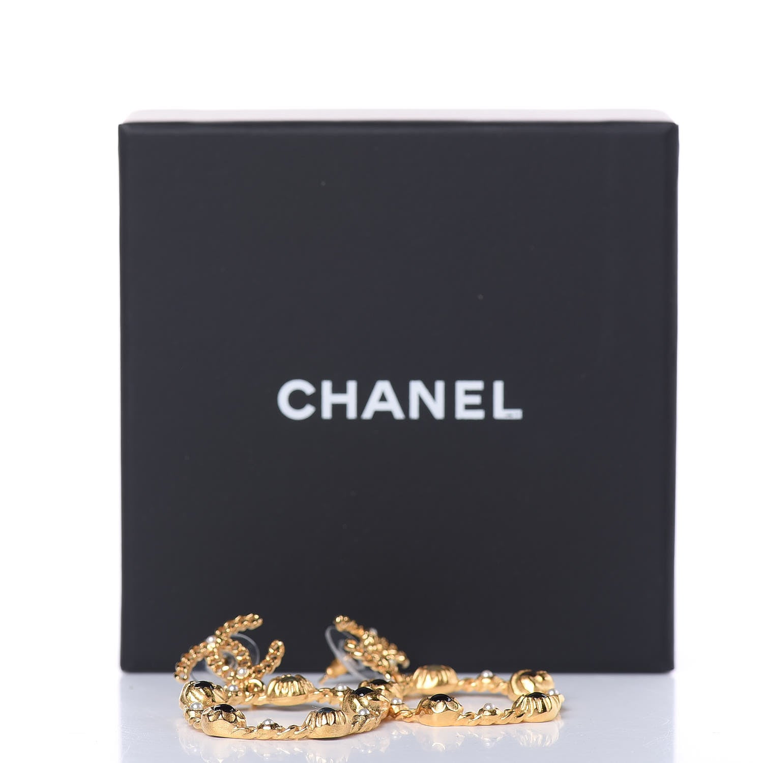 Chanel Pearl Pearl Gripoix CC Chain Drop Hoop Earrings Gold 5 of 5