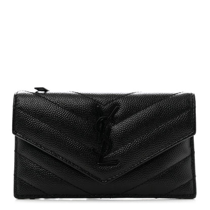 Saint Laurent Grain De Poudre Matelasse Chevron Monogram Monochrome Compact Wallet Black 1 of 8