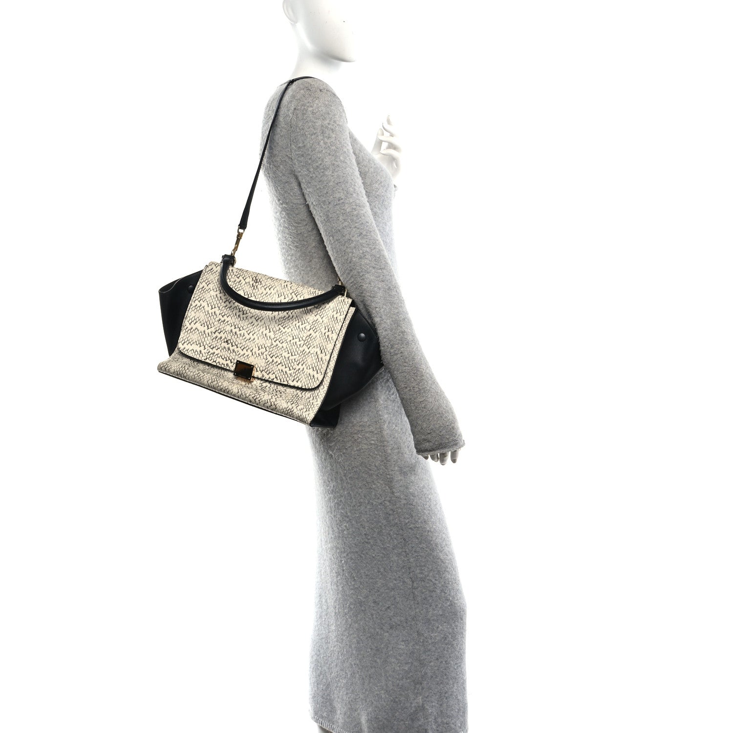 Celine Snakeskin Calfskin Medium Trapeze White Black 2 of 10