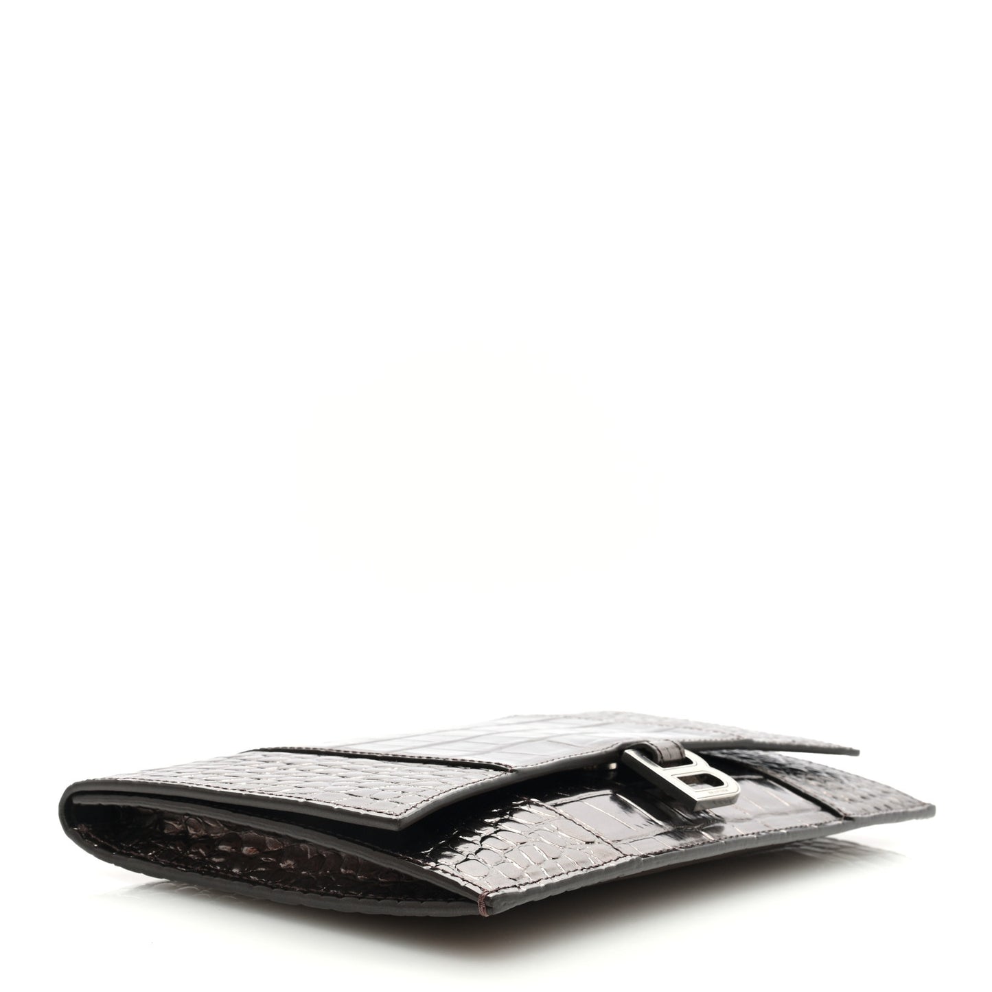 Shiny Calfskin Crocodile Embossed Hourglass Flap Flat Pouch Dark Bronze