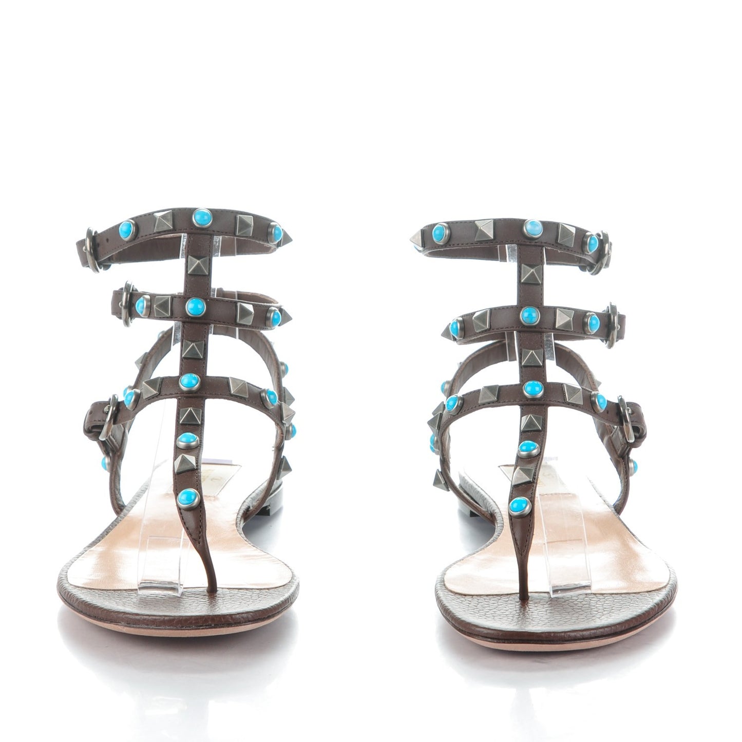 Calfskin Rockstud Rolling Ankle Wrap Flat Thong Sandals 36.5 Cacao