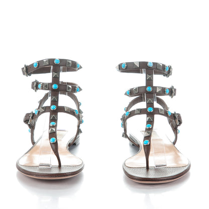 Valentino Garavani Calfskin Rockstud Rolling Ankle Wrap Flat Thong Sandals 36.5 Cacao 2 of 7
