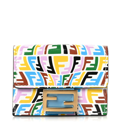 Fendi X SARAH COLEMAN Vitello Liberty Ceylon Micro FF Fish Eye Embossed Tri-Fold Wallet Multicolor Cyber Blue 1 of 9
