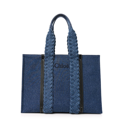 Chloe Denim Calfskin Large Braided Woody Ribbon Tote Blue 1 of 10
