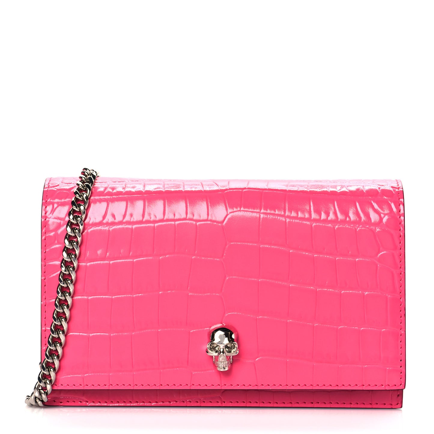 Calfskin Crocodile Embossed Skull Mini Crossbody Bag Pink
