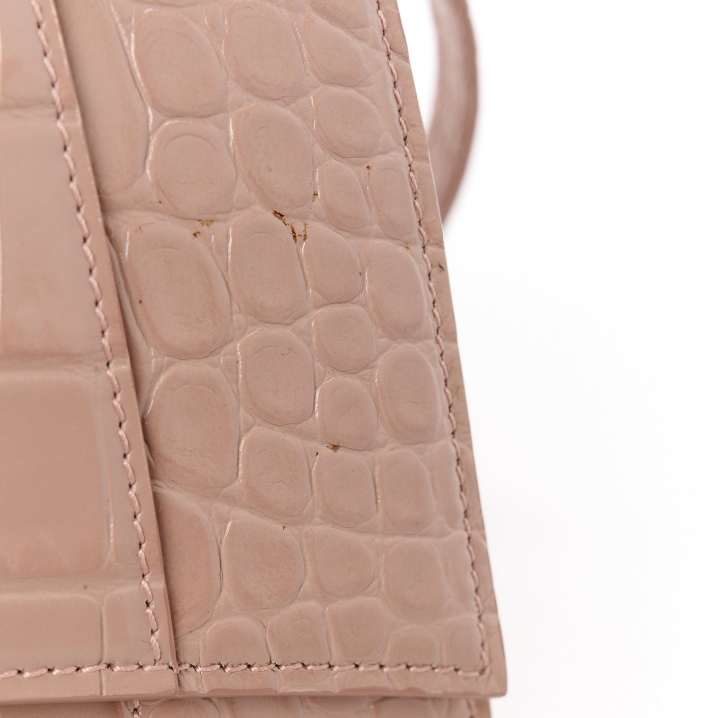 Shiny Calfskin Crocodile Embossed Small Hourglass Top Handle Bag Nude Beige