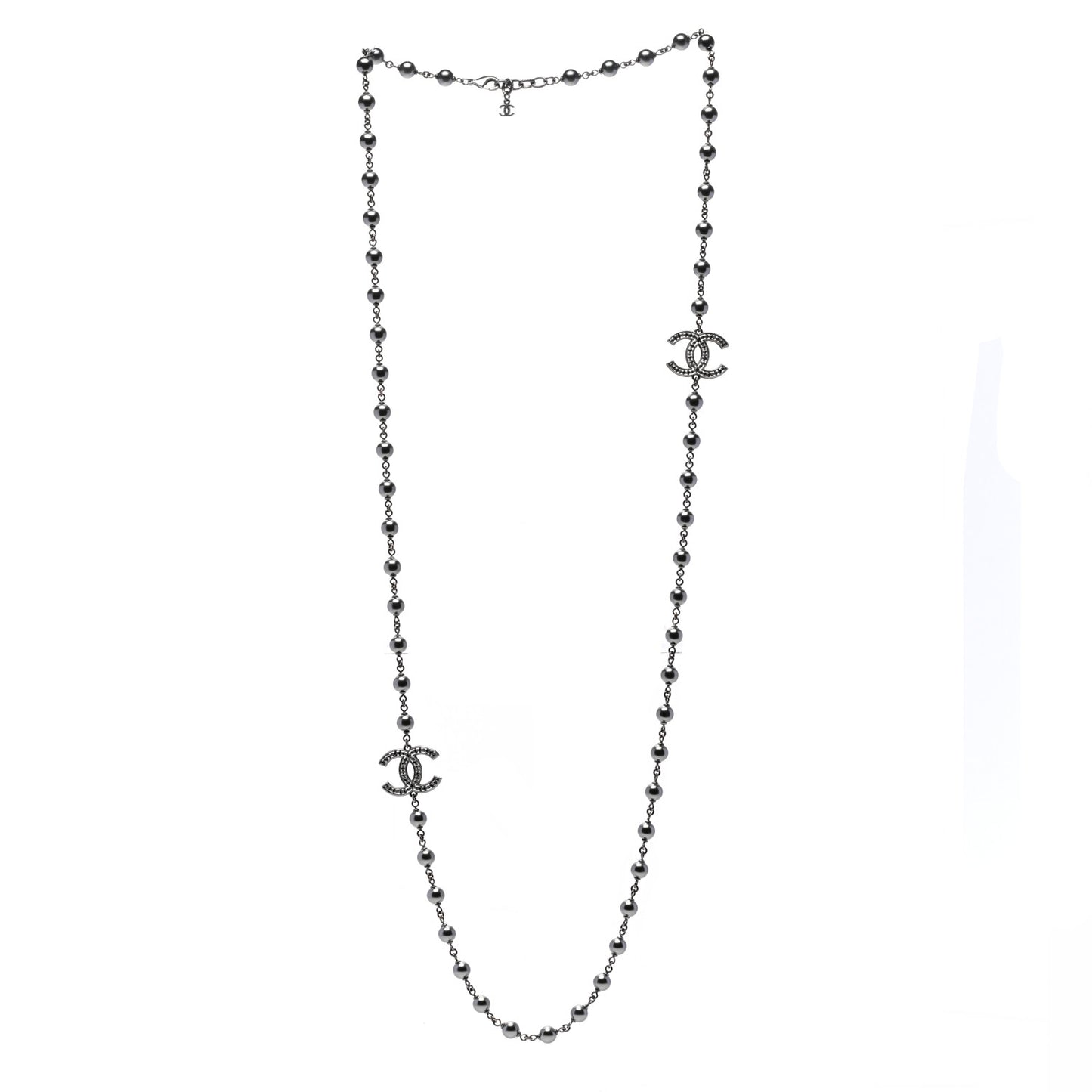 Ruthenium Pearl Beaded CC Long Necklace Black