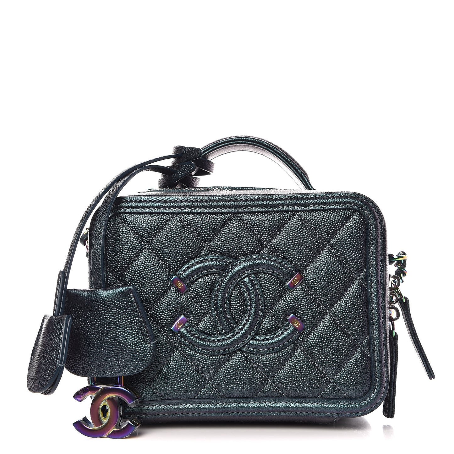 Iridescent Caviar Quilted Small CC Filigree Vanity Case Dark Turquoise