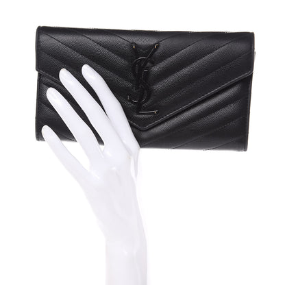 Saint Laurent Grain De Poudre Matelasse Chevron Monogram Flap Wallet Black 2 of 13