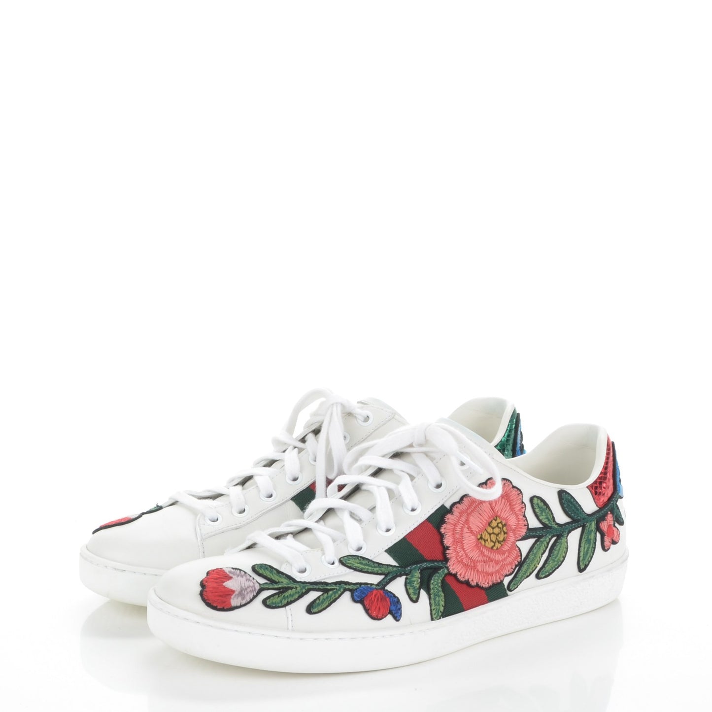 Calfskin Web Floral Embroidered Ace Sneakers 39.5 White