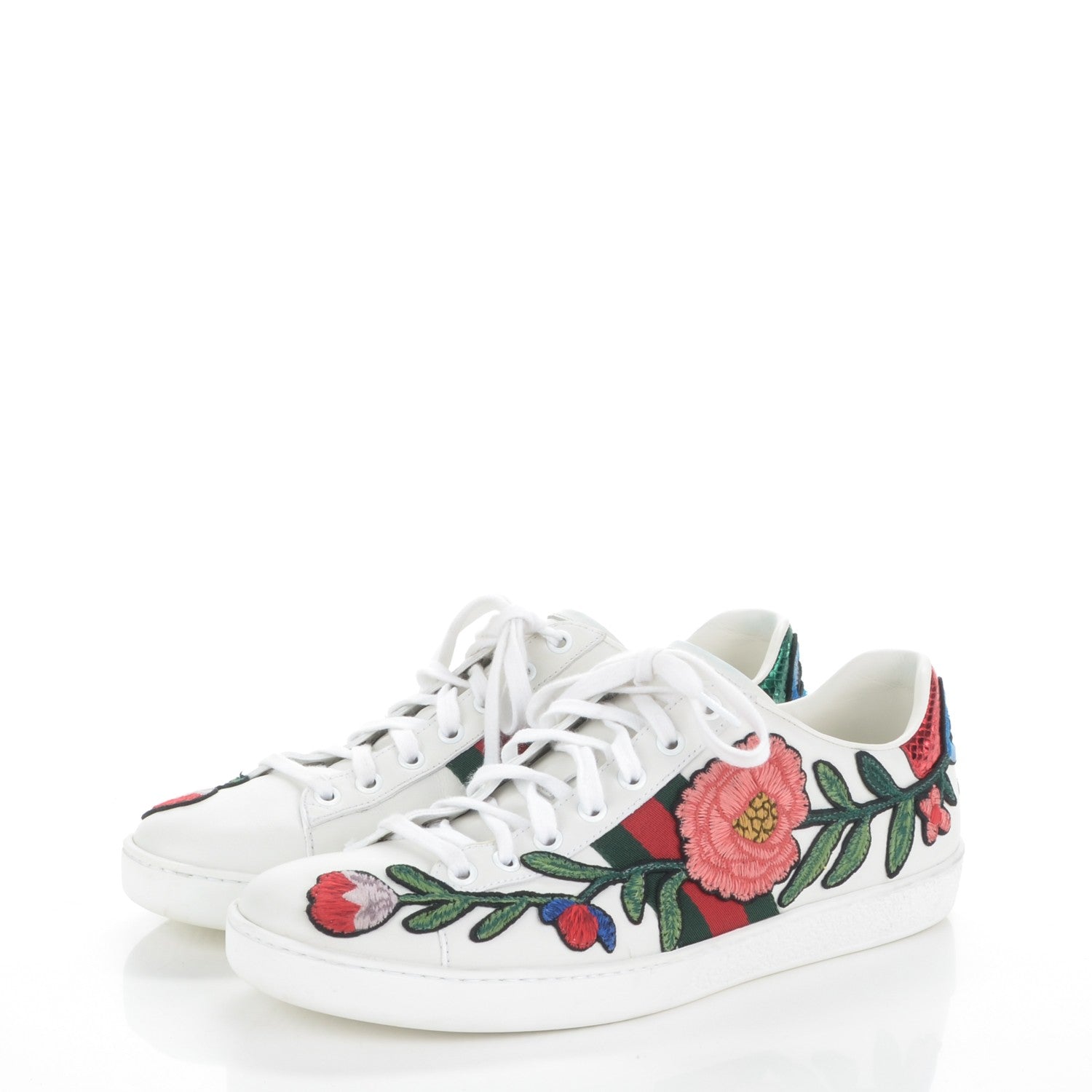 Gucci Calfskin Web Floral Embroidered Ace Sneakers 39.5 White 3 of 10