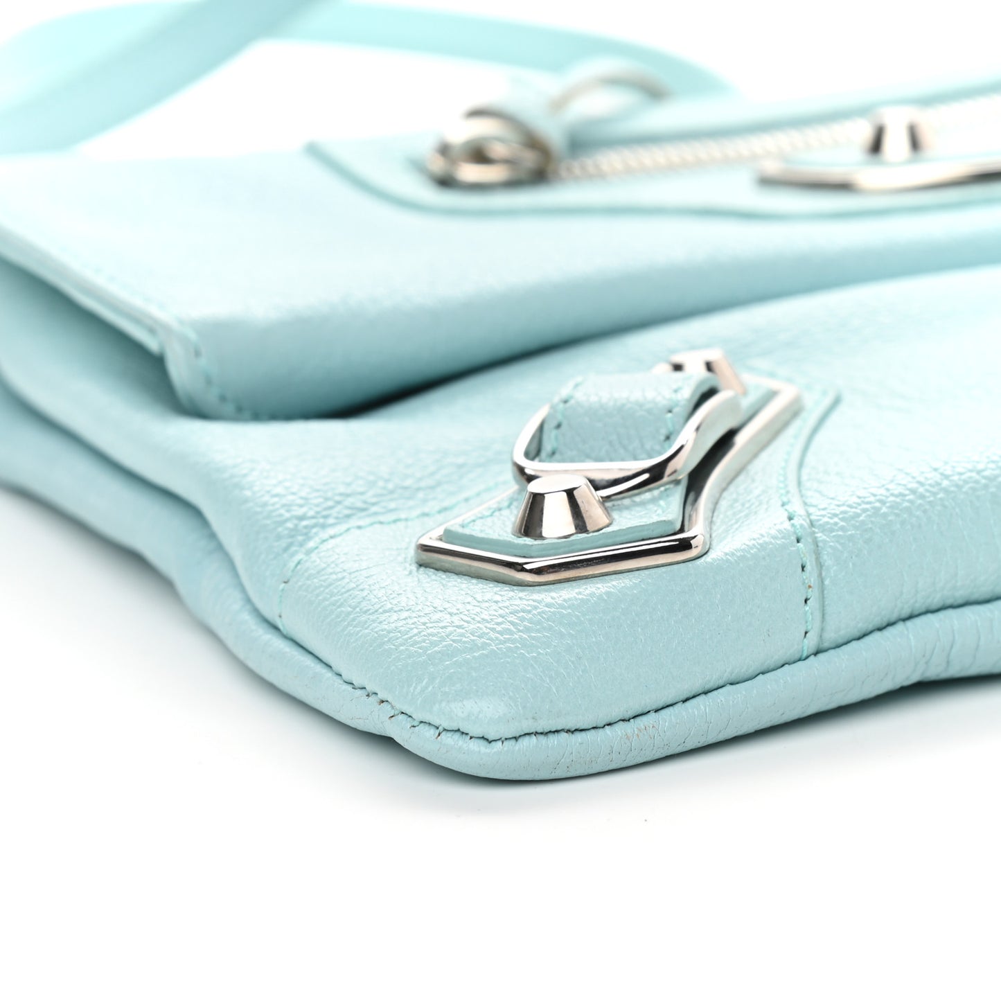 Chevre Silver Metallic Edge Hardware Envelope Clutch Bleu Maldives