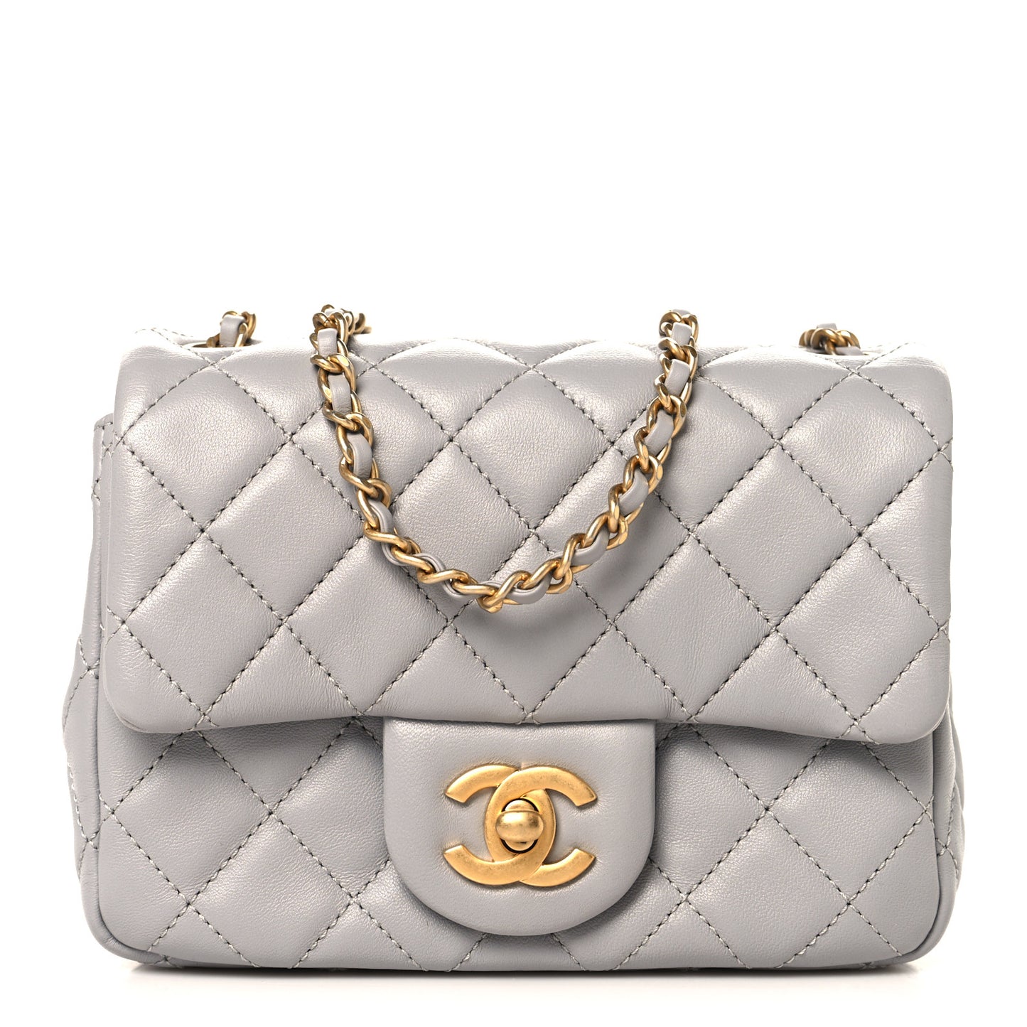 Lambskin Quilted Mini Pearl Crush Flap Light Grey