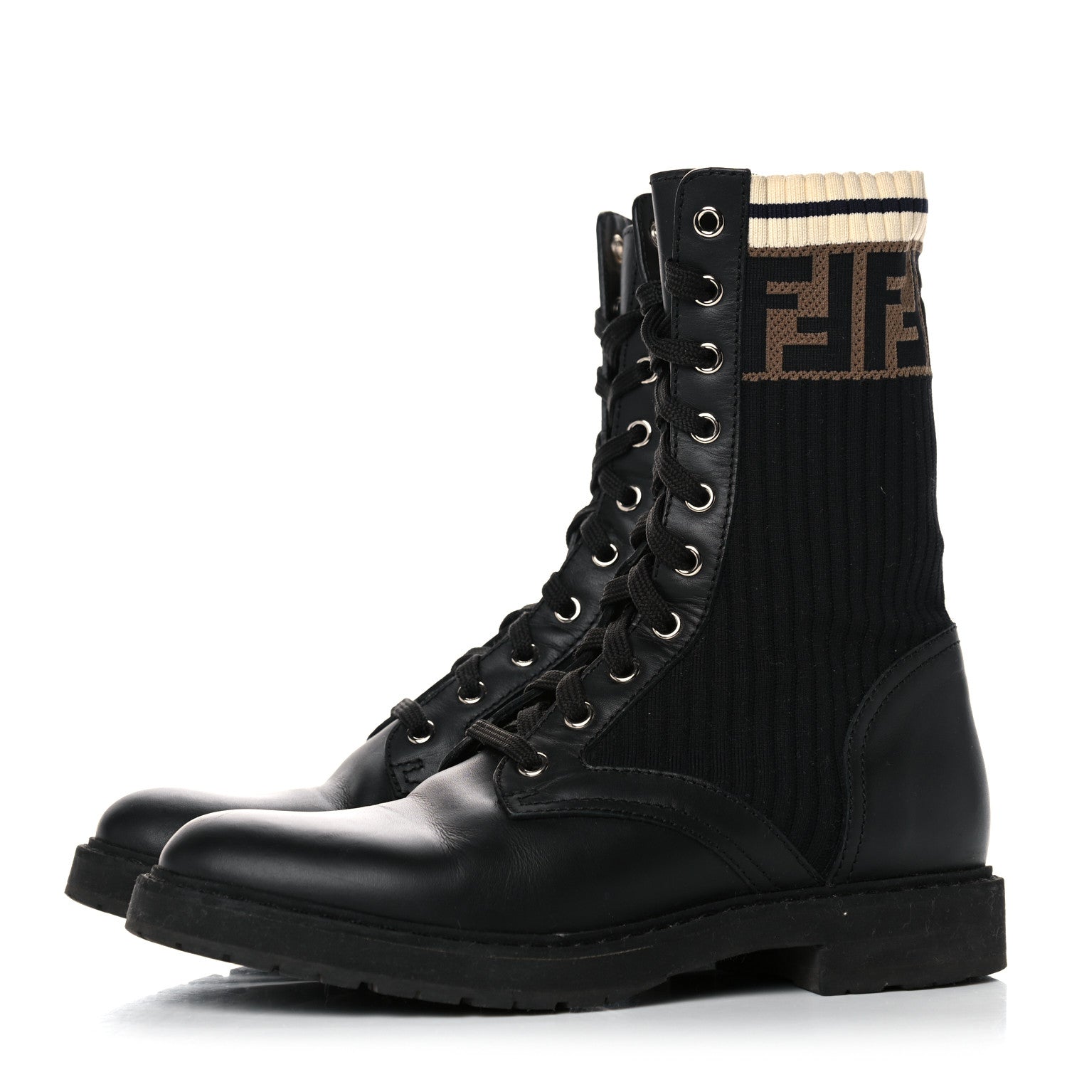 Fendi Calfskin Stretch Fabric Rockoko Biker Boots 38 Tobacco Black Marino 3 of 15